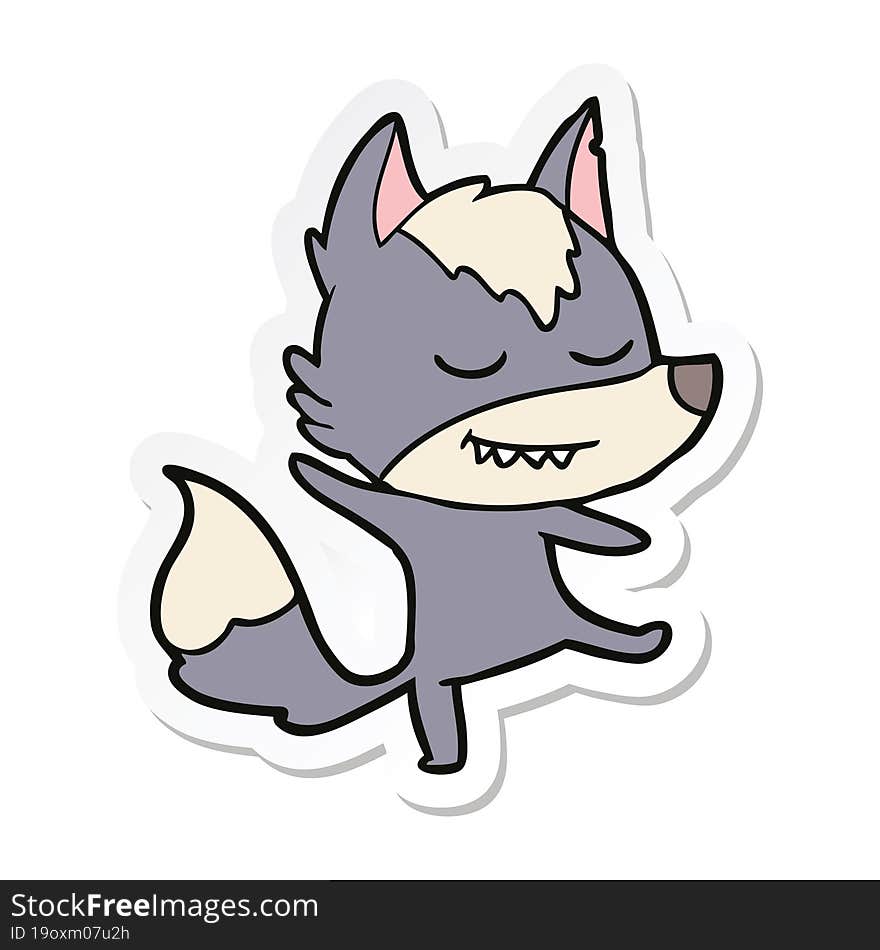 sticker of a friendly cartoon wolf balancing