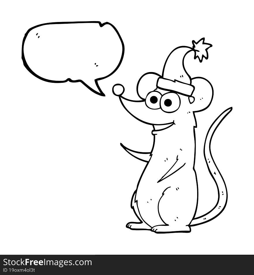 freehand drawn speech bubble cartoon mouse wearing christmas hat