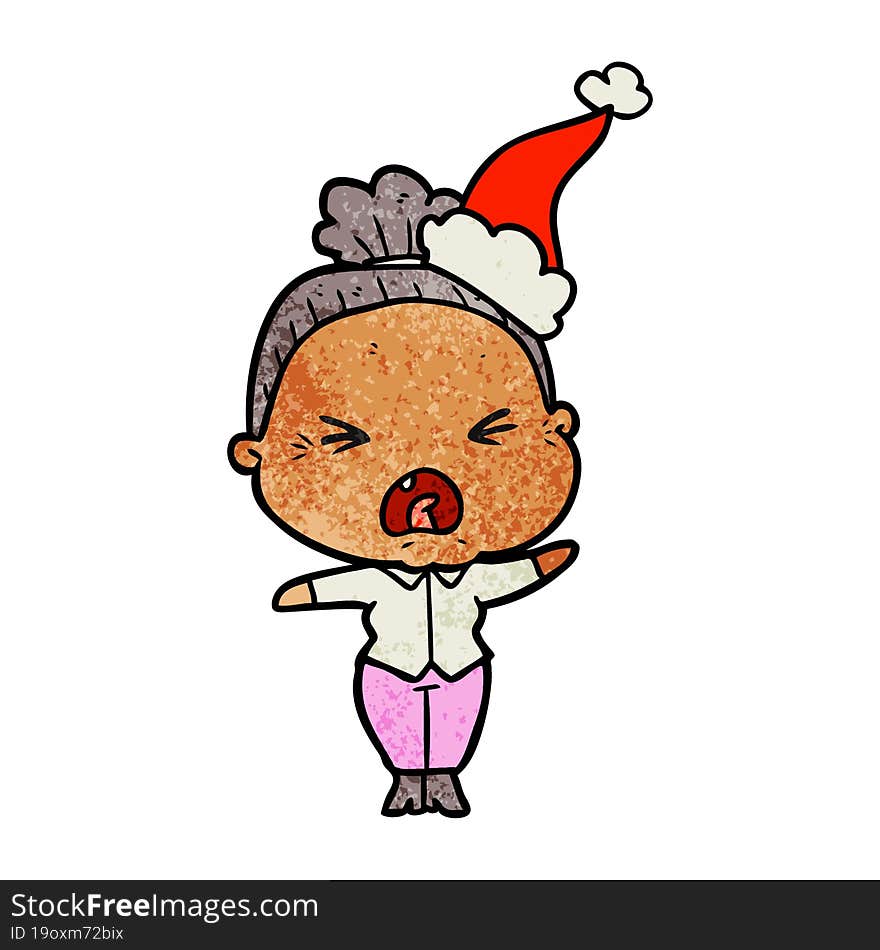 textured cartoon of a angry old woman wearing santa hat