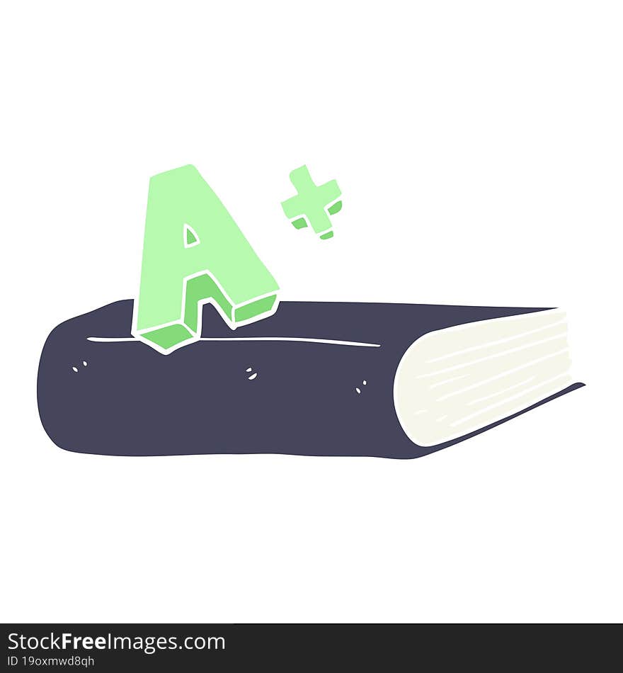 flat color illustration of a cartoon A grade symbol and book