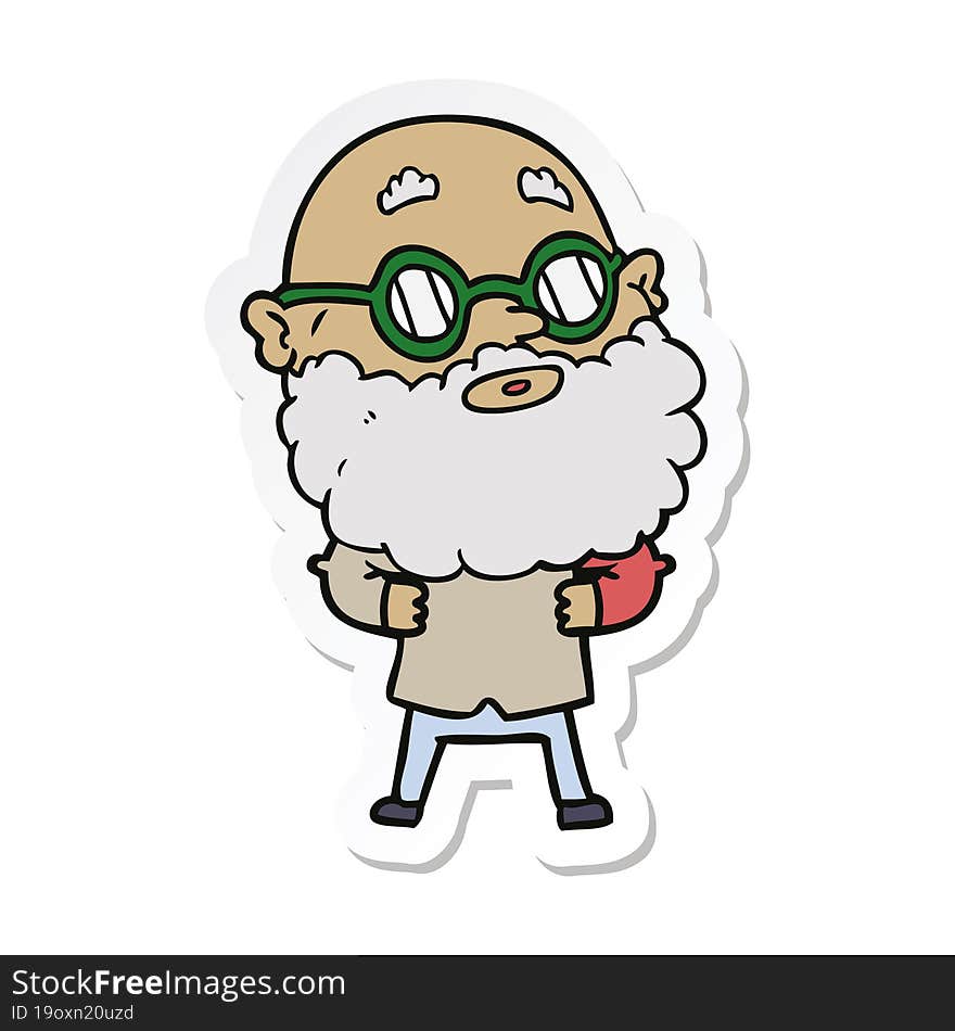 sticker of a cartoon curious man with beard and glasses