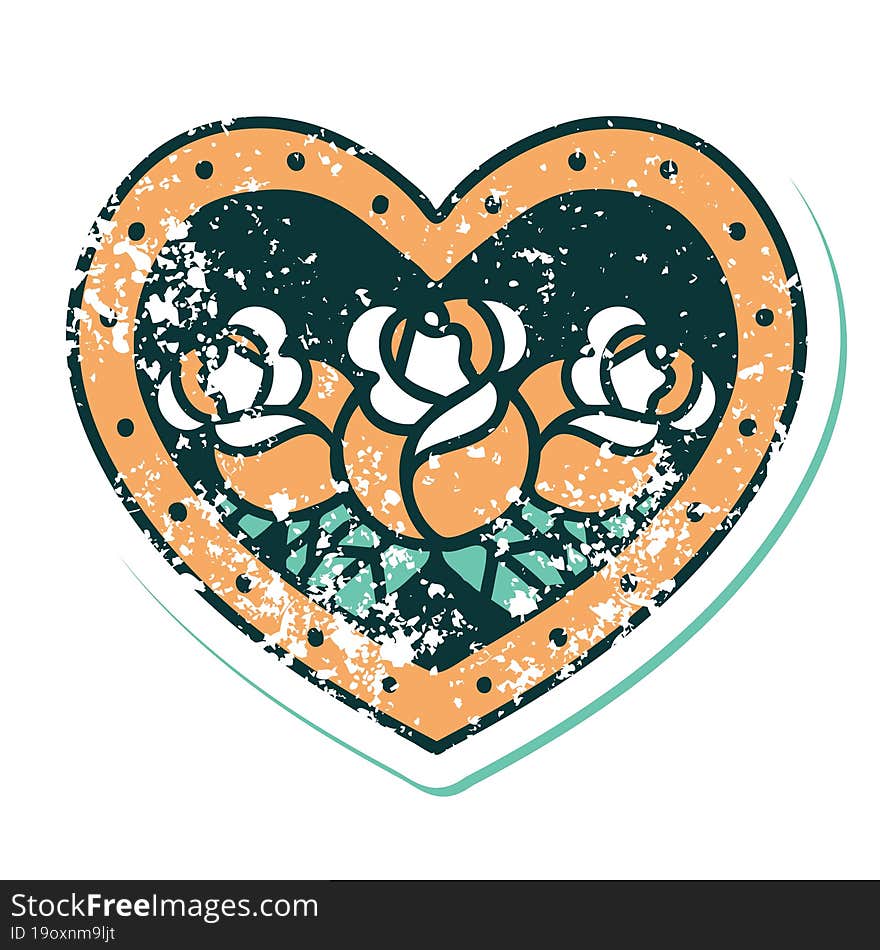 iconic distressed sticker tattoo style image of a heart and flowers. iconic distressed sticker tattoo style image of a heart and flowers