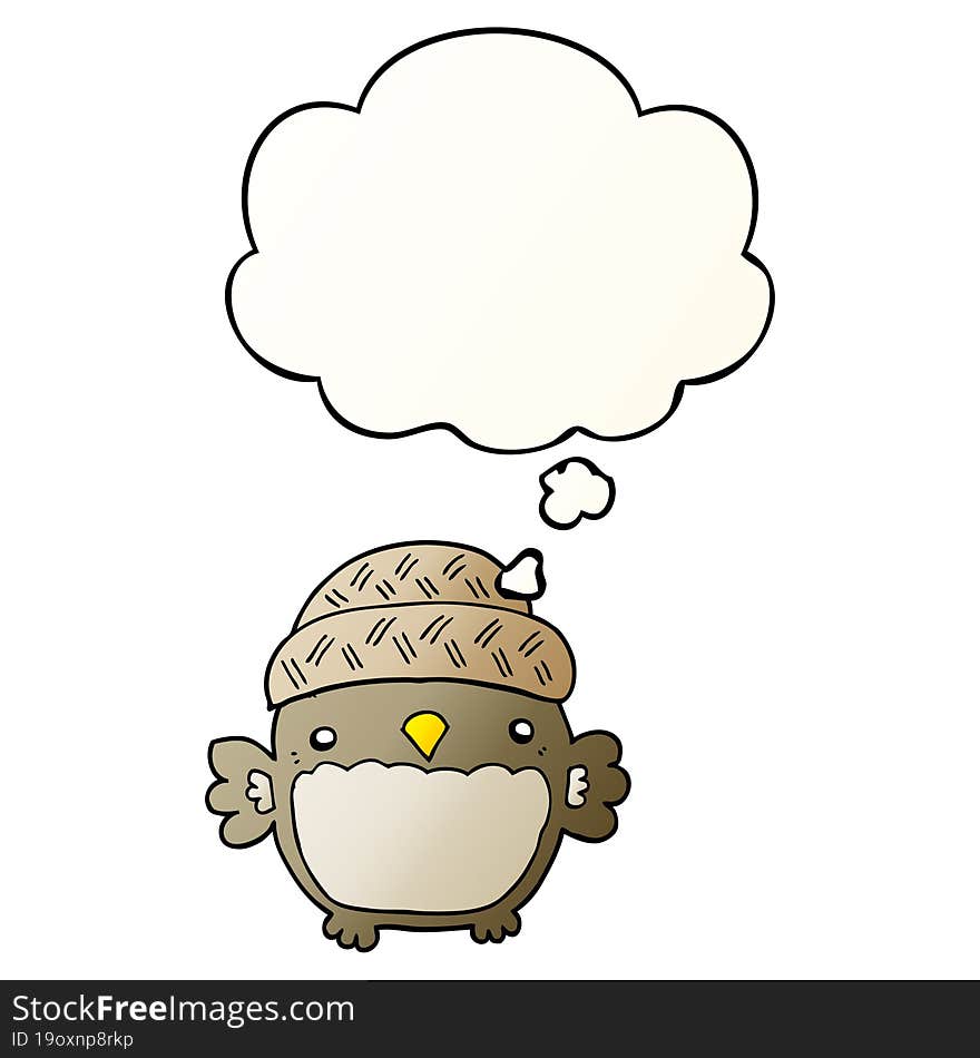 cute cartoon owl in hat and thought bubble in smooth gradient style