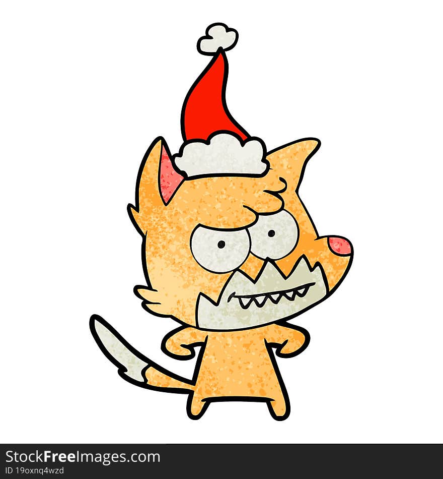 textured cartoon of a grinning fox wearing santa hat