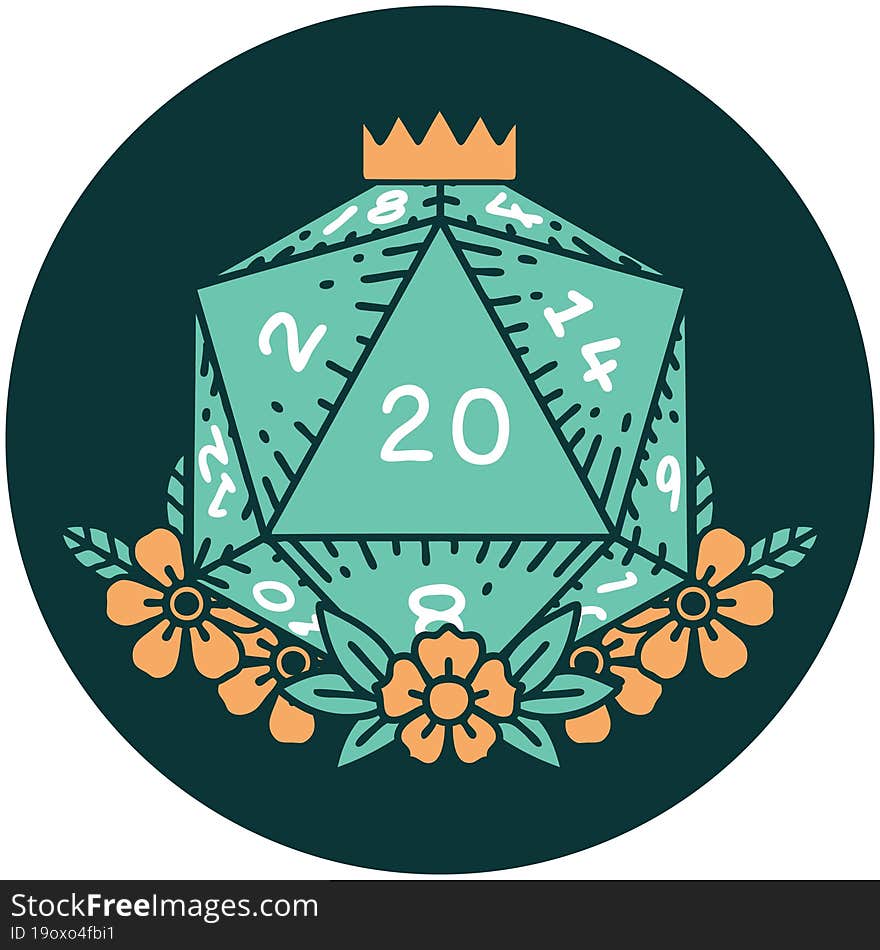 icon of natural 20 D20 dice roll with floral elements. icon of natural 20 D20 dice roll with floral elements