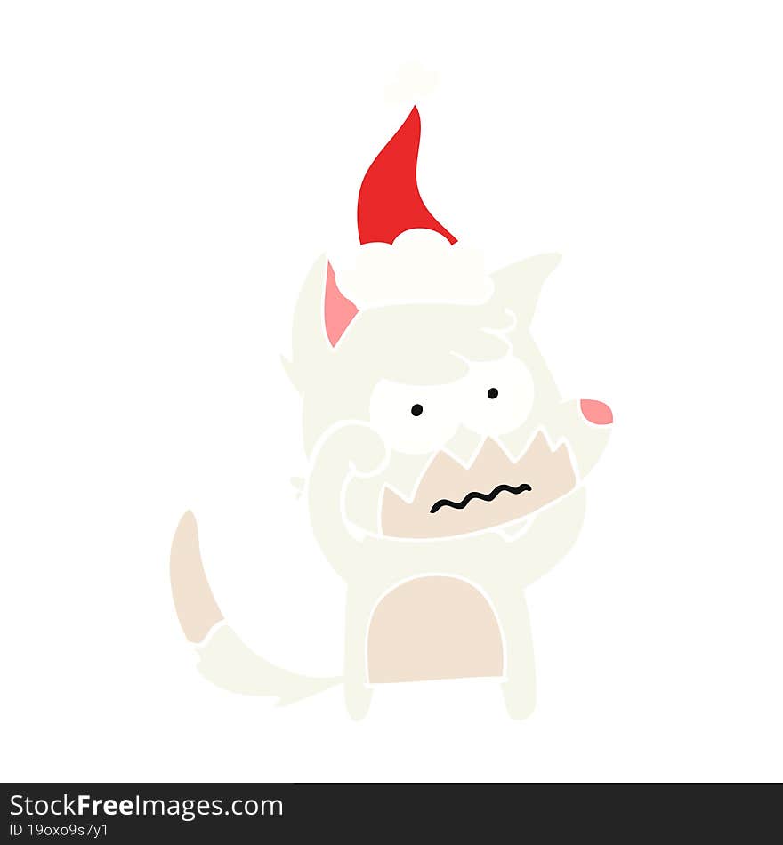 flat color illustration of a annoyed fox wearing santa hat