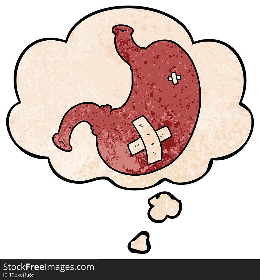 cartoon stomach and thought bubble in grunge texture pattern style