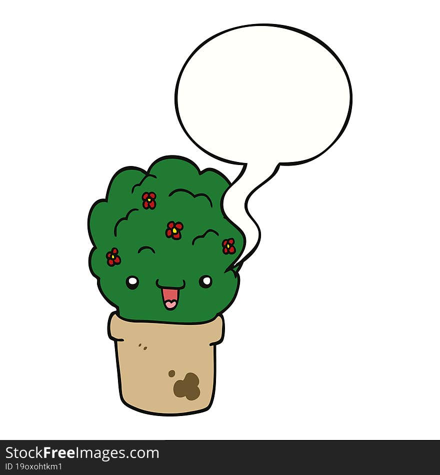 cartoon shrub in pot and speech bubble