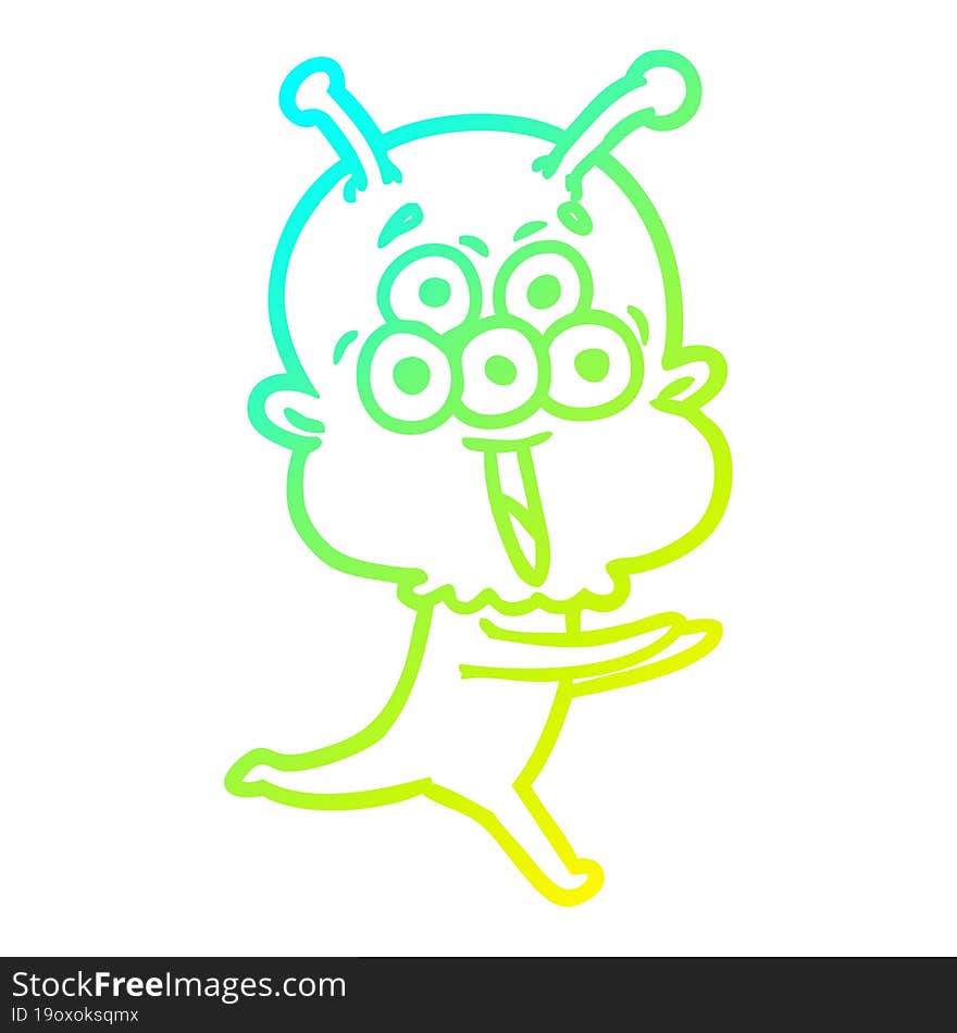 cold gradient line drawing happy cartoon alien running