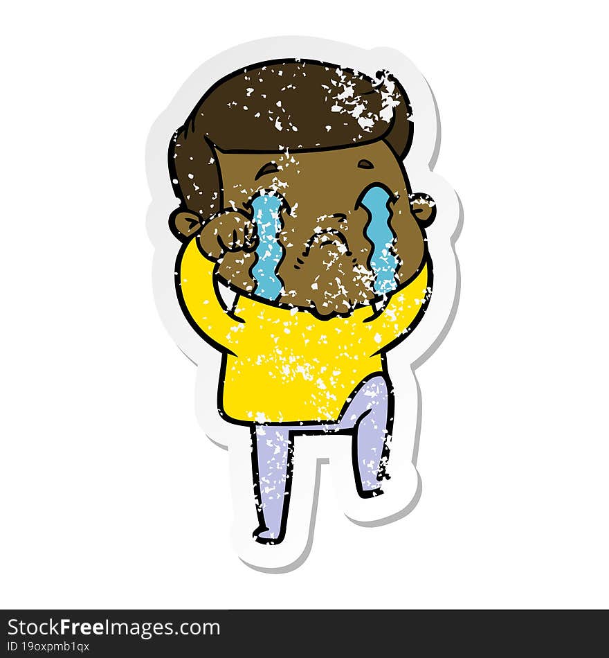 distressed sticker of a cartoon man crying