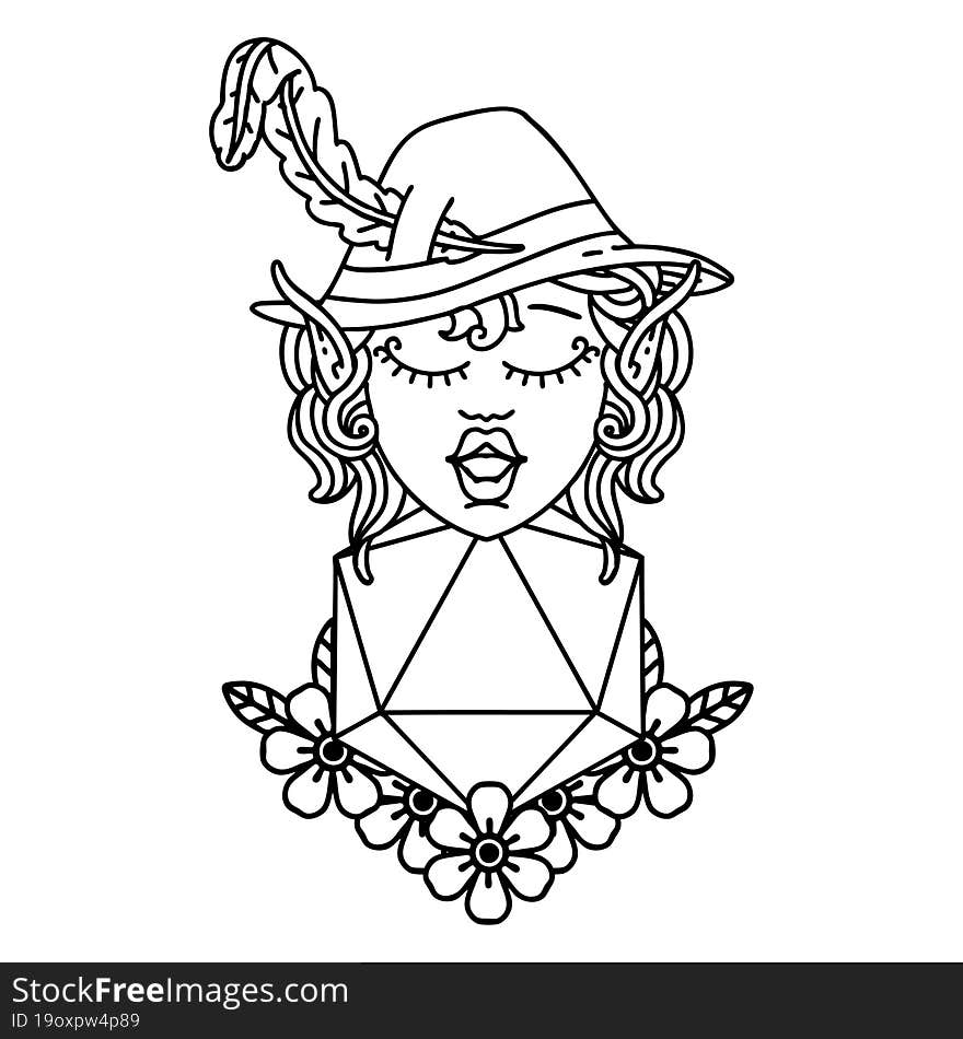 Black and White Tattoo linework Style elf bard character with natural twenty dice roll. Black and White Tattoo linework Style elf bard character with natural twenty dice roll