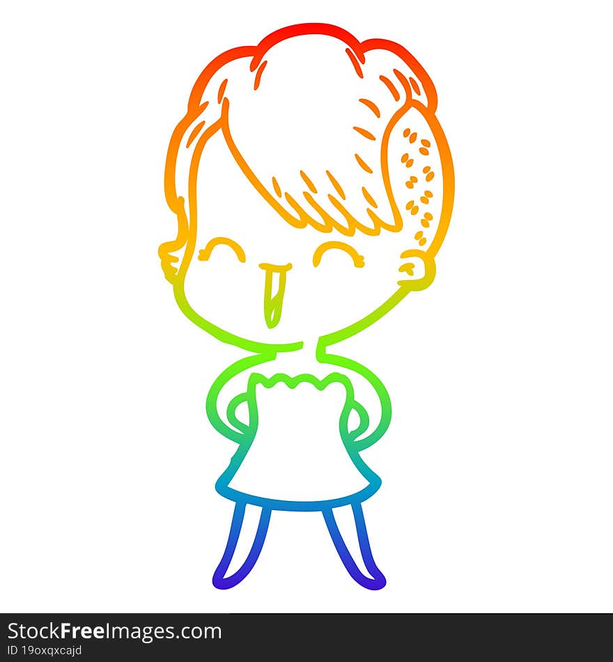 rainbow gradient line drawing of a happy cartoon hipster girl