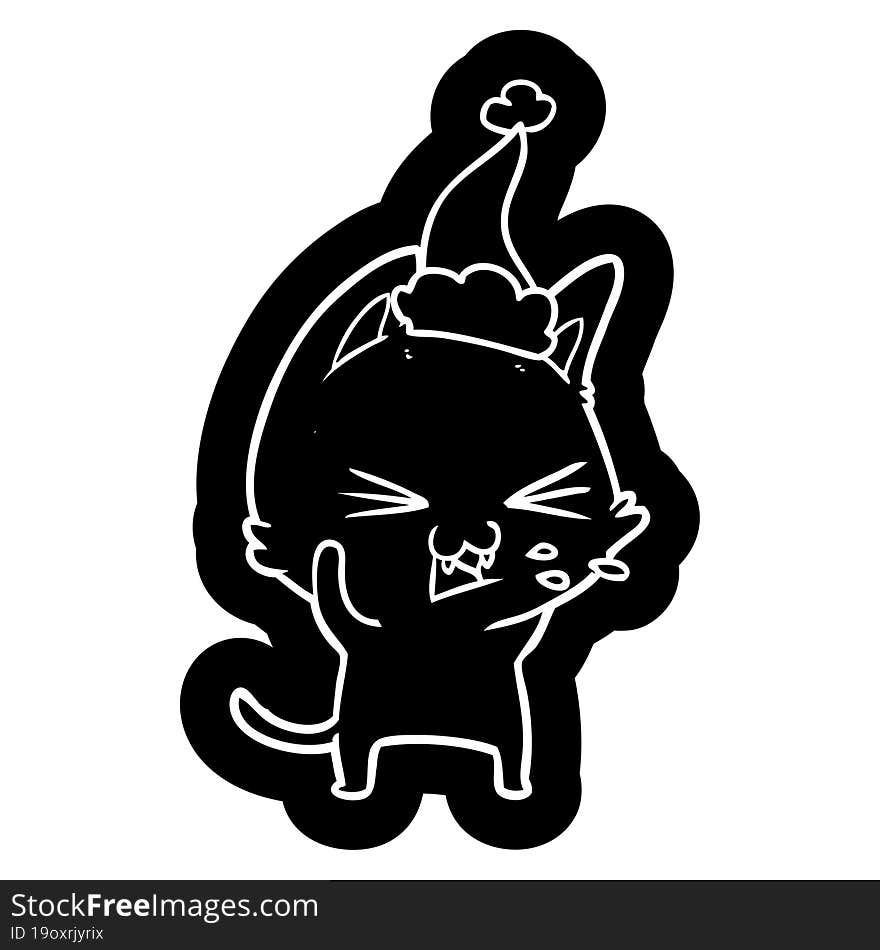 Cartoon Icon Of A Cat Hissing Wearing Santa Hat