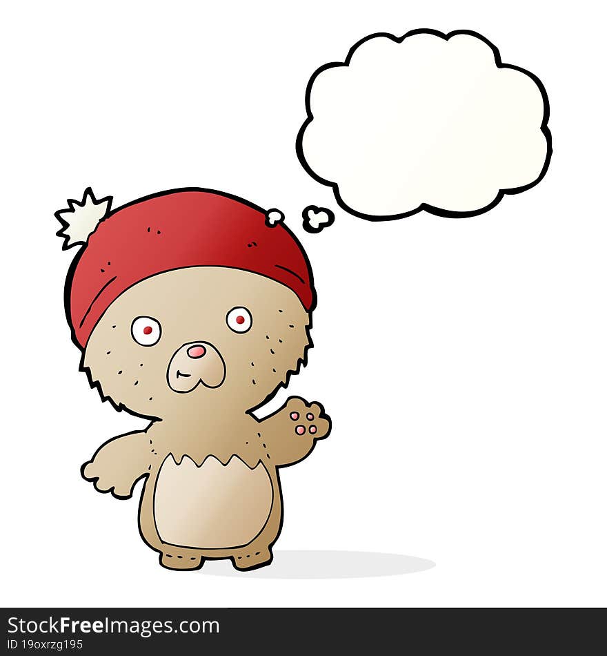 cartoon cute teddy bear in hat with thought bubble