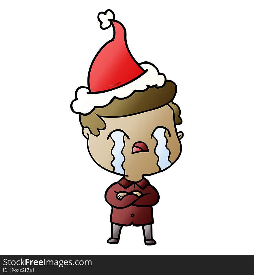 gradient cartoon of a man crying wearing santa hat