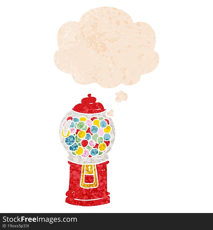 cartoon gumball machine and thought bubble in retro textured style