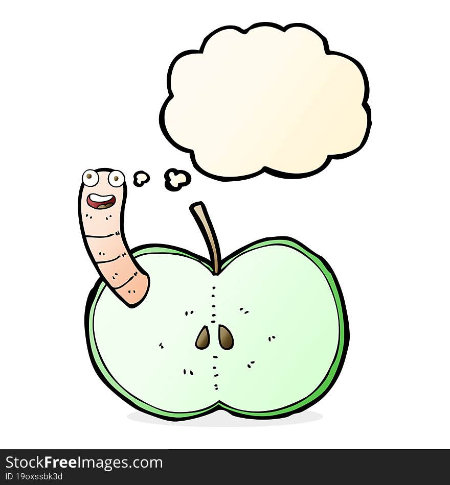 cartoon apple with worm with thought bubble