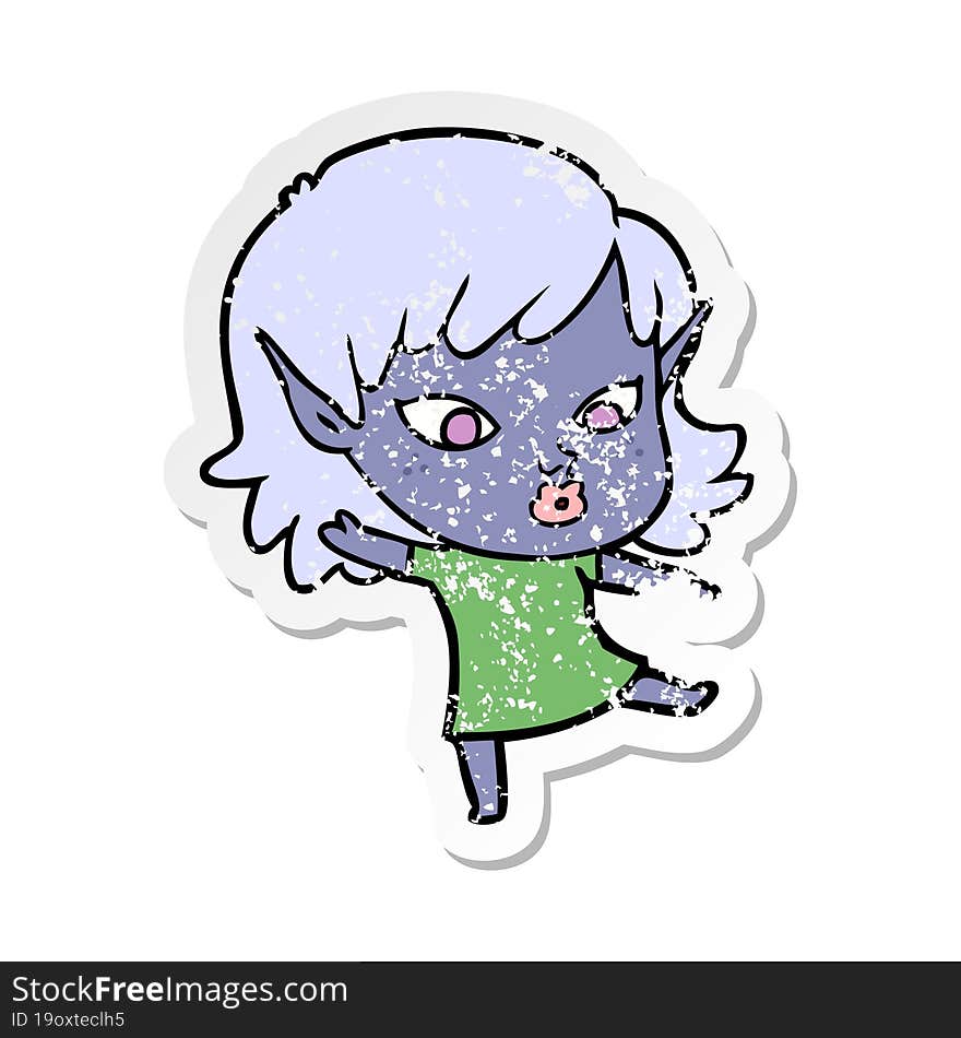 distressed sticker of a pretty cartoon elf girl