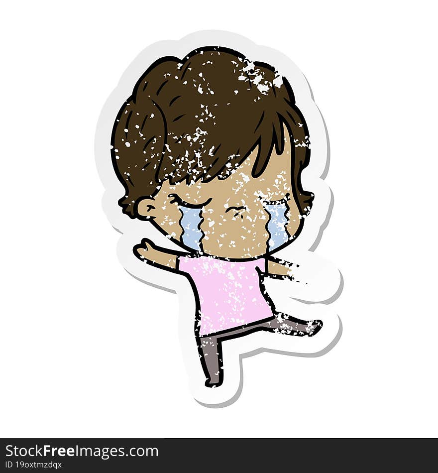 distressed sticker of a cartoon woman crying