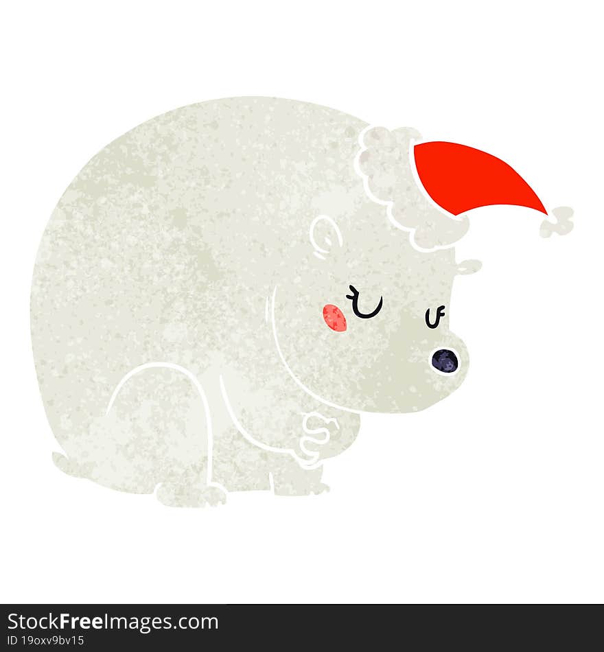 cute retro cartoon of a polar bear wearing santa hat