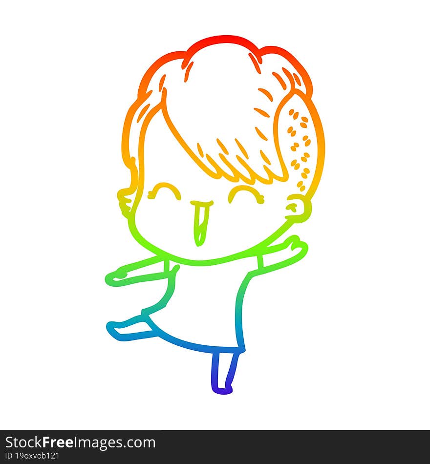 rainbow gradient line drawing of a cartoon happy hipster girl