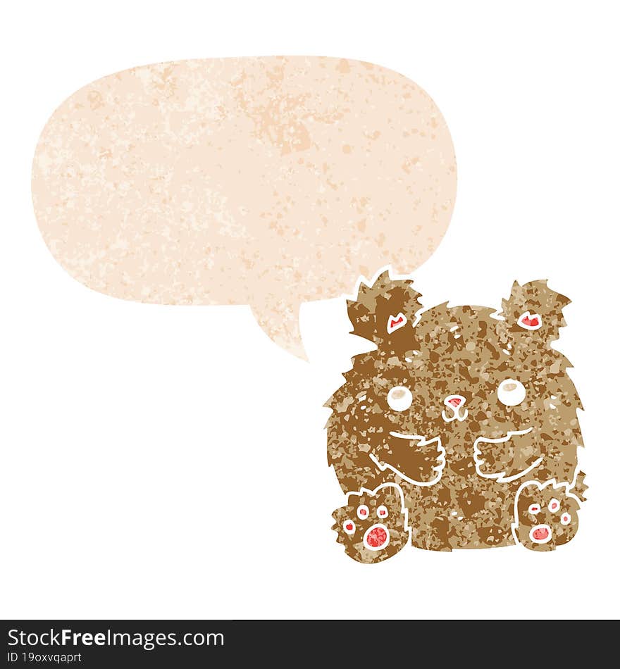 cute cartoon bear and speech bubble in retro textured style