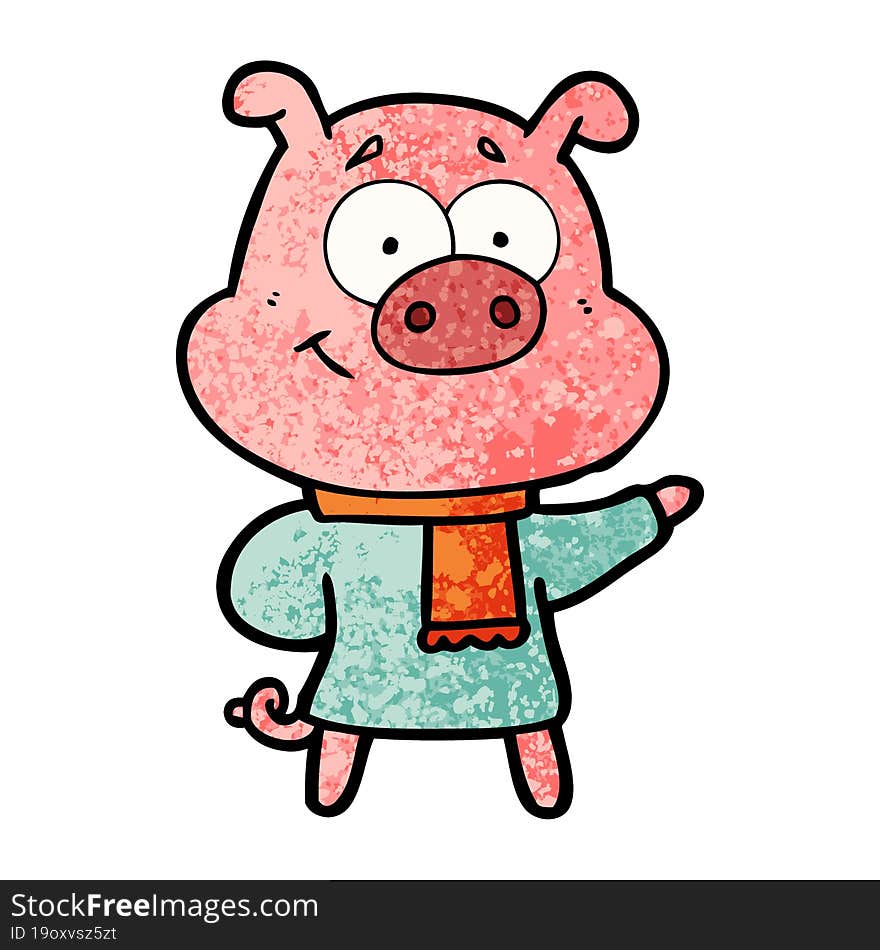 happy cartoon pig wearing warm clothes. happy cartoon pig wearing warm clothes