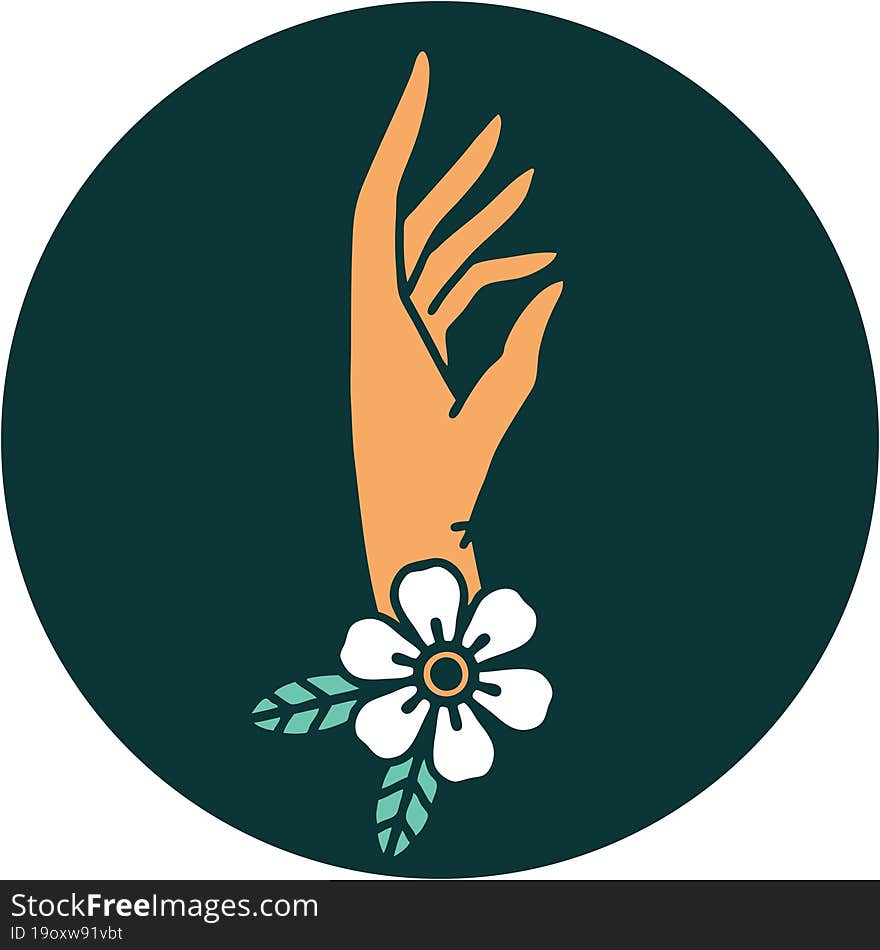 iconic tattoo style image of a hand and flower. iconic tattoo style image of a hand and flower