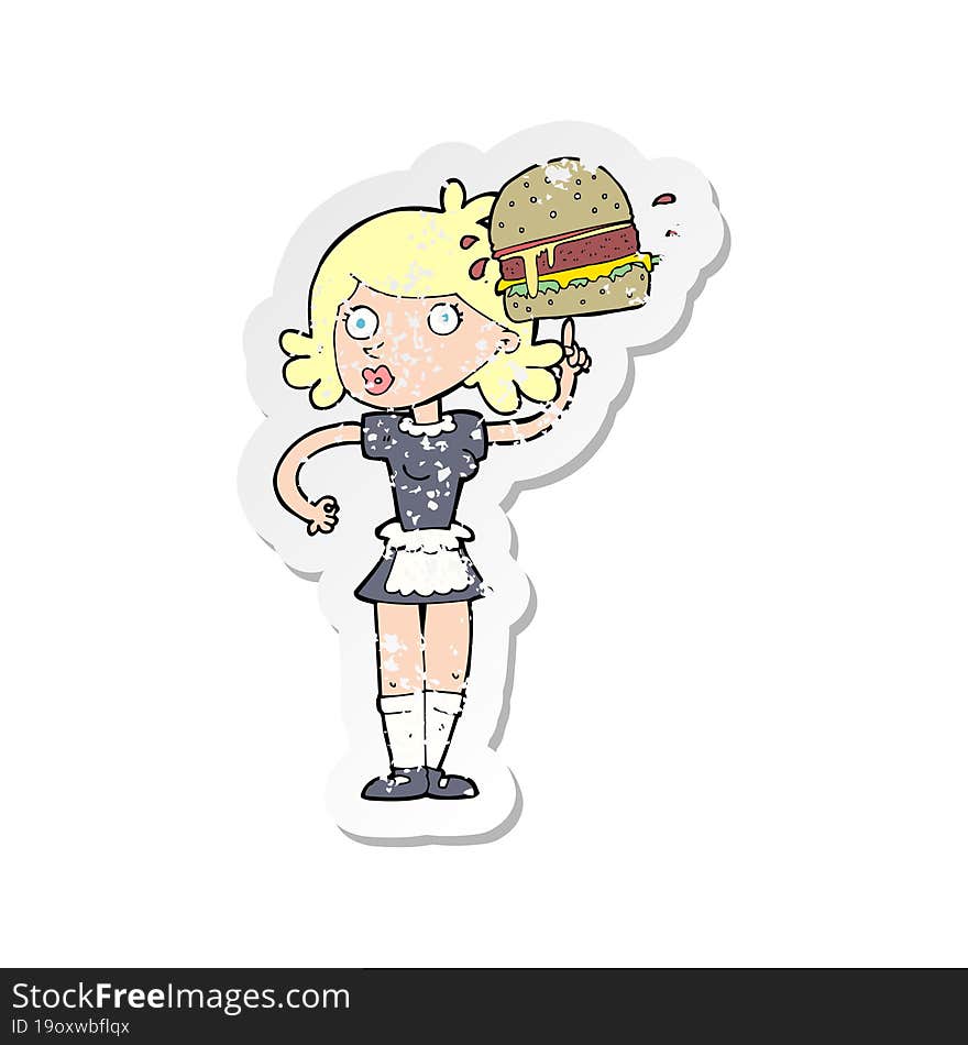 retro distressed sticker of a cartoon waitress with burger