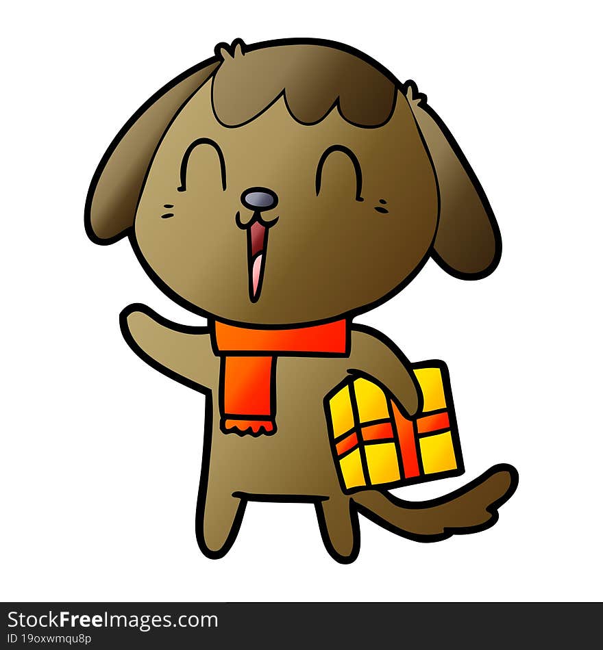 cute cartoon dog with christmas present. cute cartoon dog with christmas present