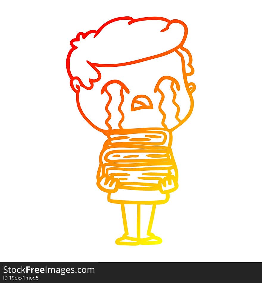 warm gradient line drawing cartoon man crying over stack of books