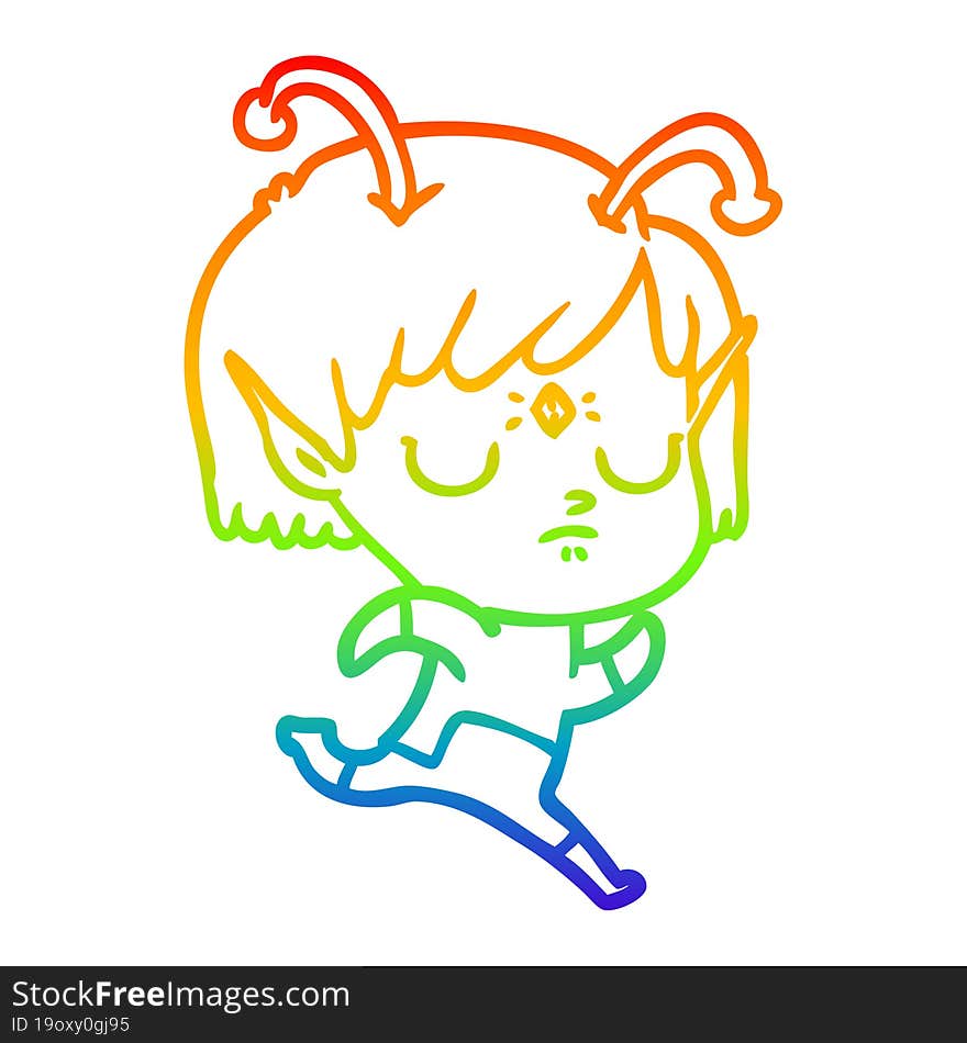 rainbow gradient line drawing of a cartoon alien girl