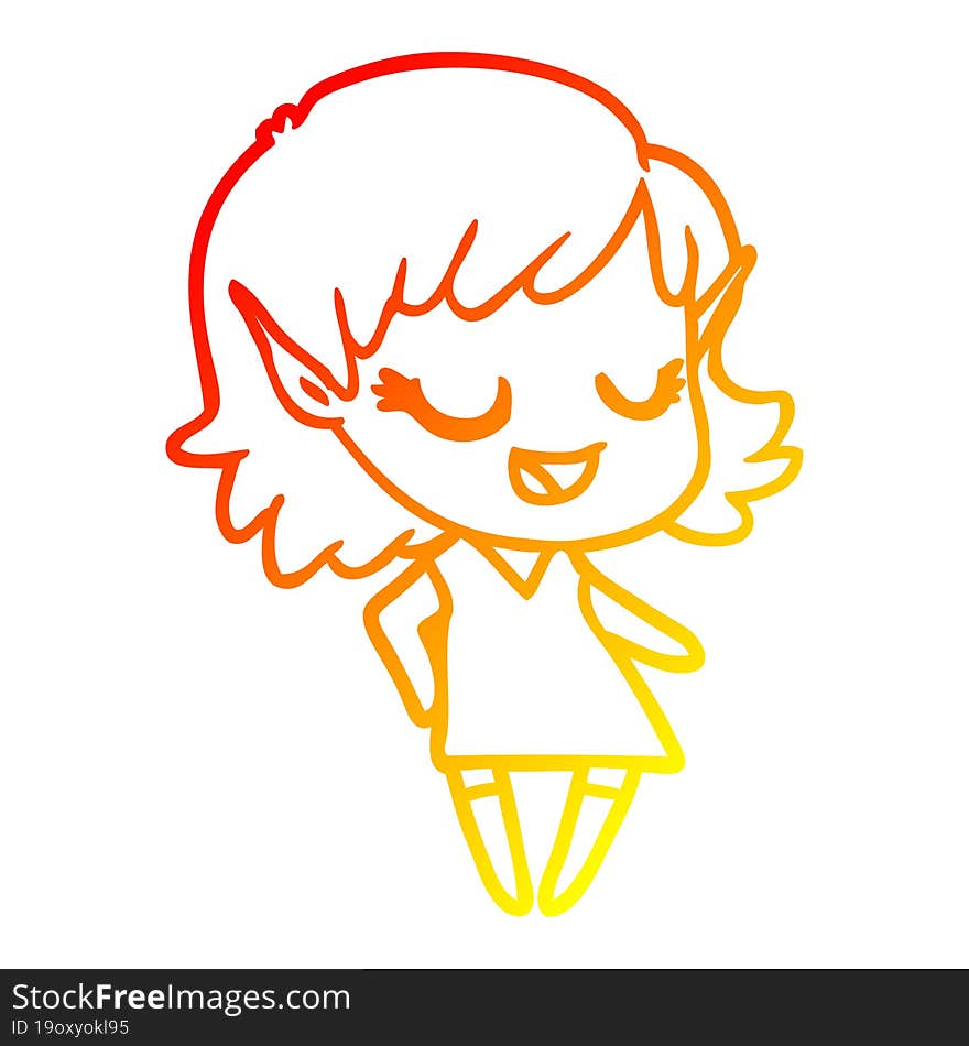 warm gradient line drawing happy cartoon elf girl