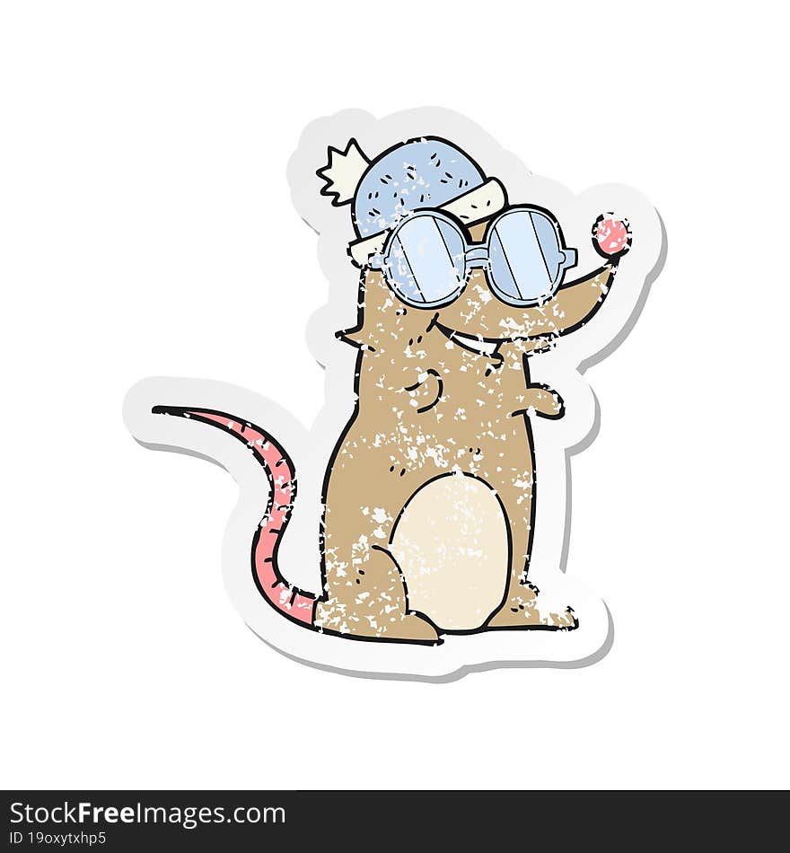 Retro Distressed Sticker Of A Cartoon Mouse Wearing Glasses And Hat