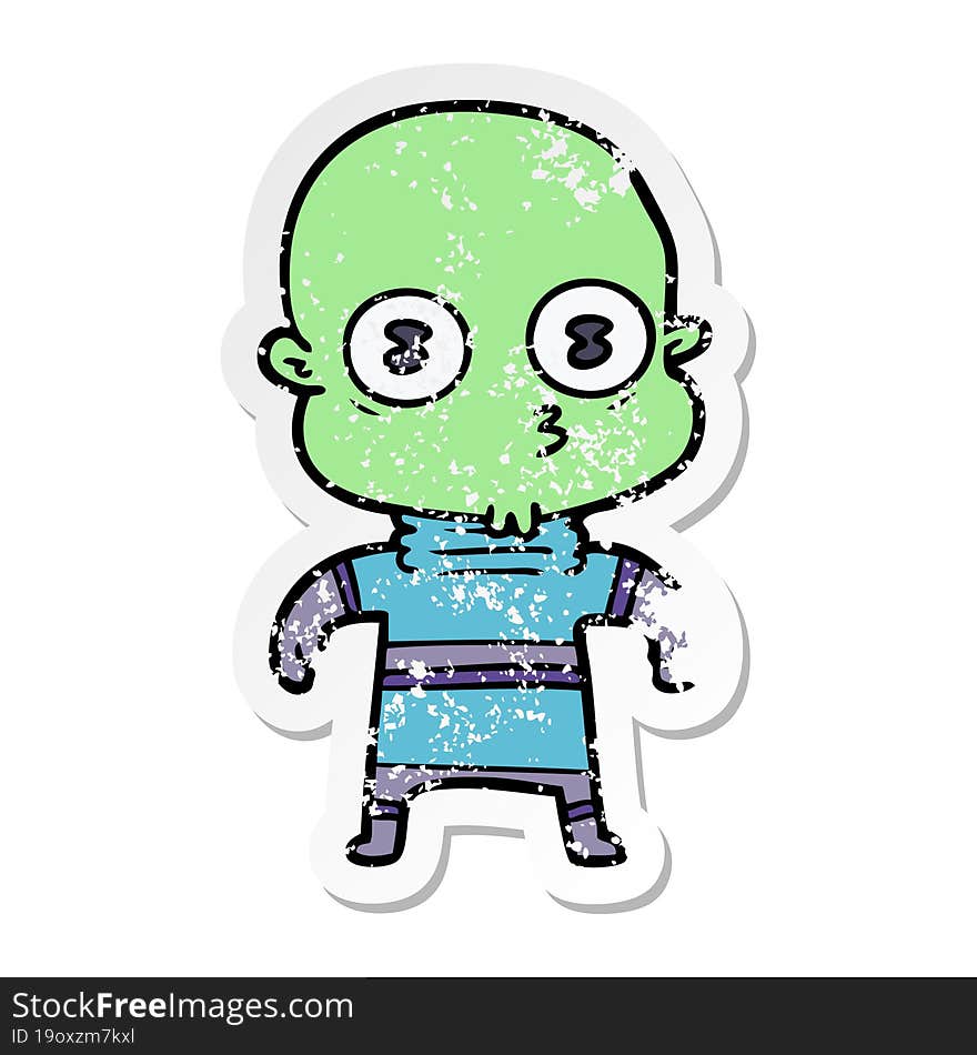 distressed sticker of a cartoon weird bald spaceman