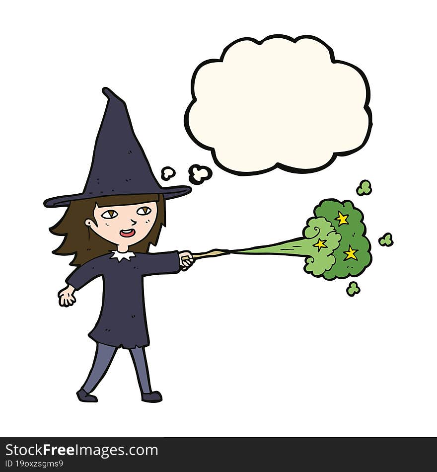 cartoon witch girl casting spell with thought bubble