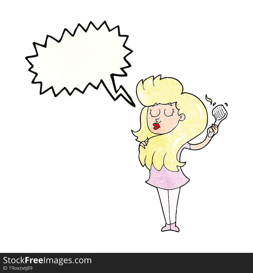 speech bubble textured cartoon woman brushing hair