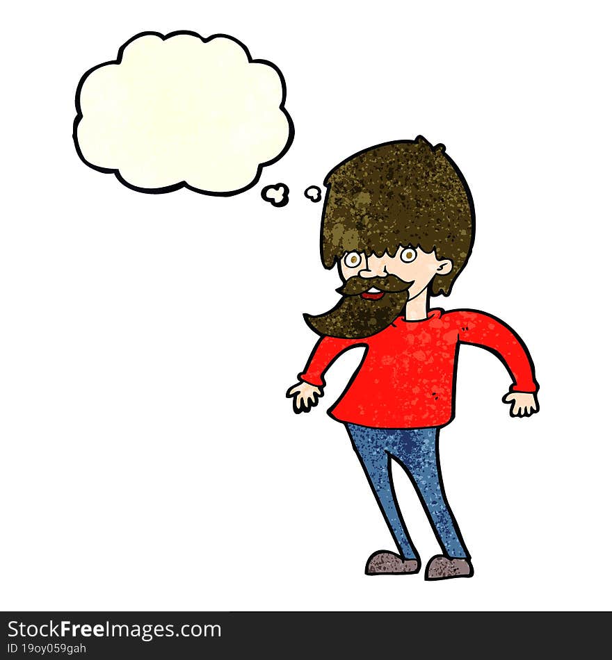 cartoon bearded man shrugging shoulders with thought bubble