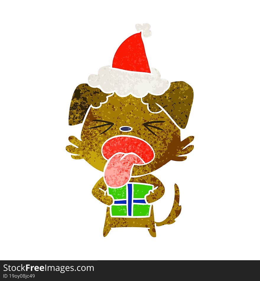 retro cartoon of a dog with christmas present wearing santa hat