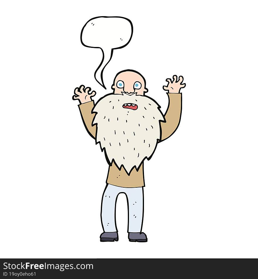 cartoon frightened old man with beard with speech bubble