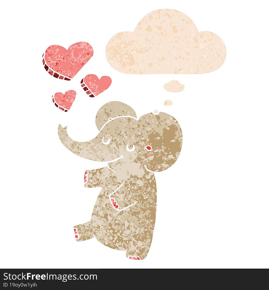 cartoon elephant with love hearts and thought bubble in retro textured style