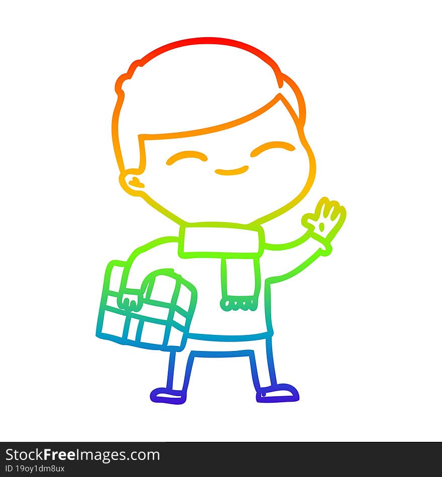 rainbow gradient line drawing cartoon smiling boy with gift