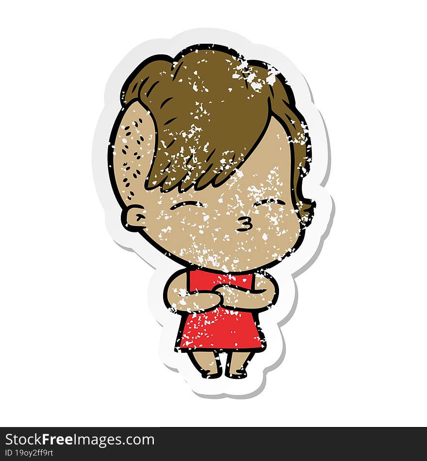 distressed sticker of a cartoon squinting girl