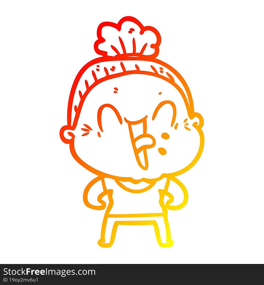 warm gradient line drawing of a cartoon happy old woman