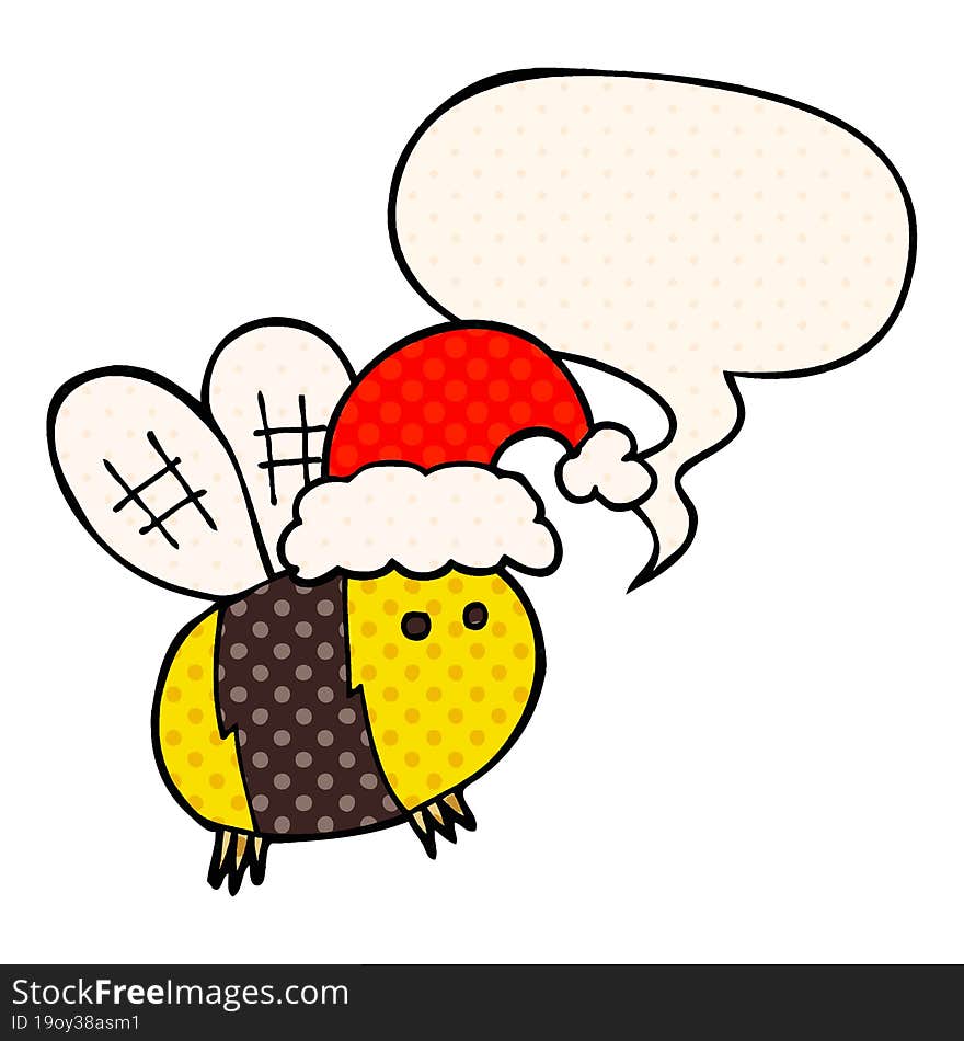 cute cartoon bee wearing christmas hat and speech bubble in comic book style