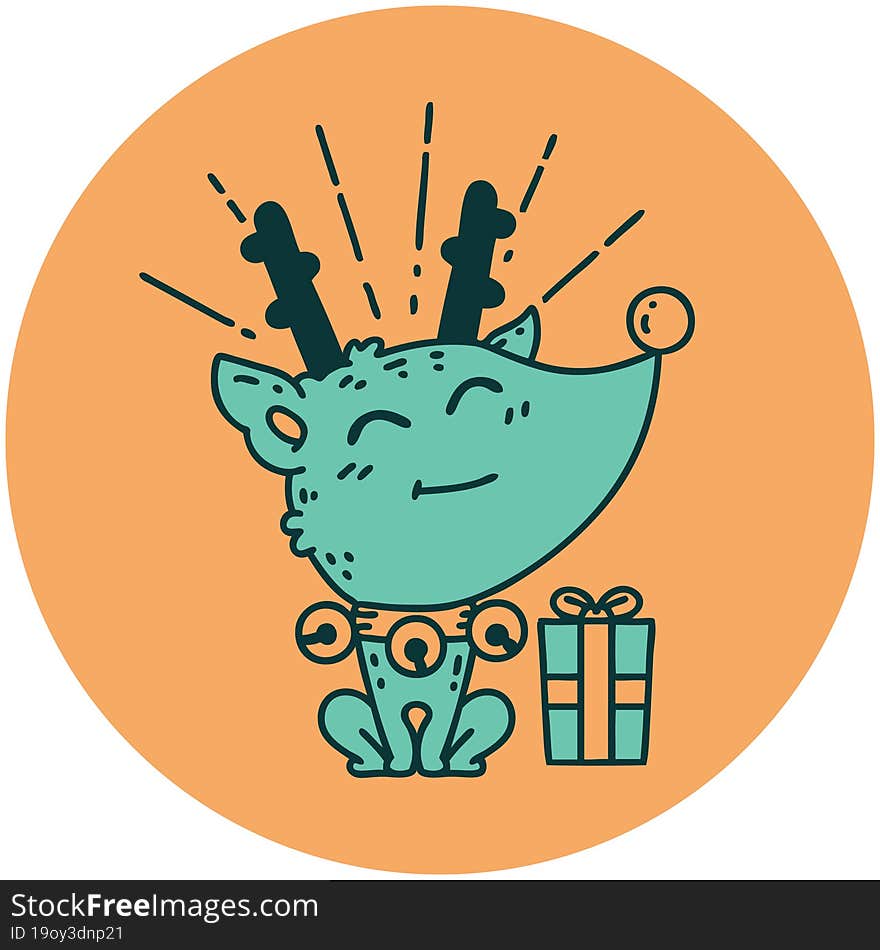 icon of tattoo style christmas reindeer with present