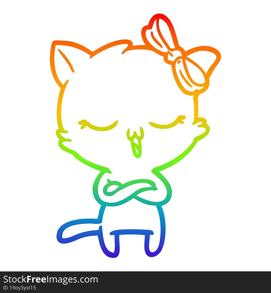 rainbow gradient line drawing cartoon cat with bow on head