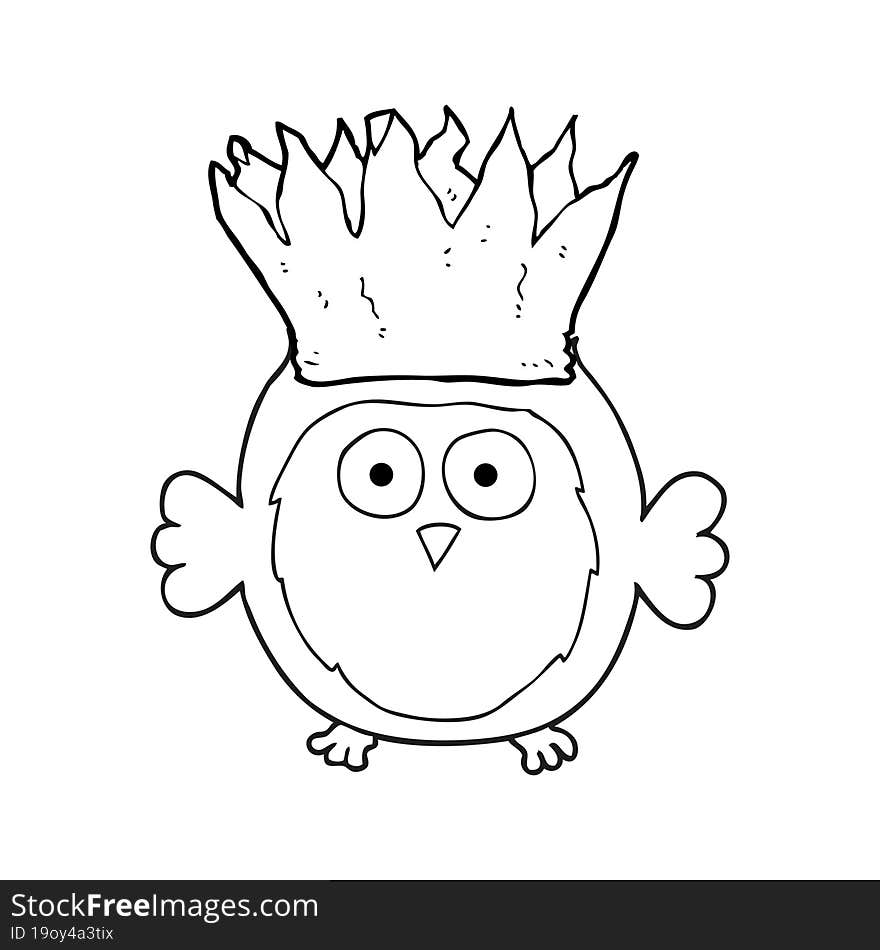 freehand drawn black and white cartoon owl wearing paper crown christmas hat