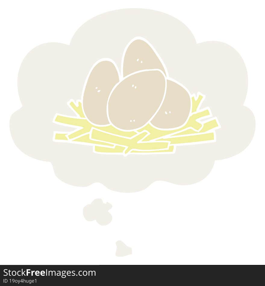 Cartoon Eggs In Nest And Thought Bubble In Retro Style