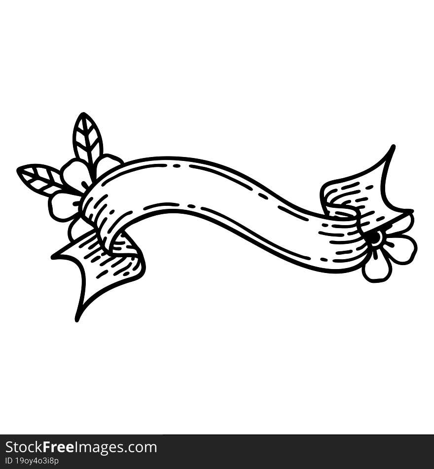 black line tattoo of a banner and flowers